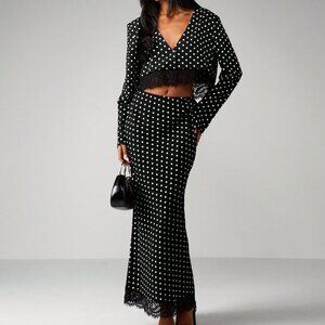Elegant Black Women's Polka Dot Two Piece Set with Maxi Skirt